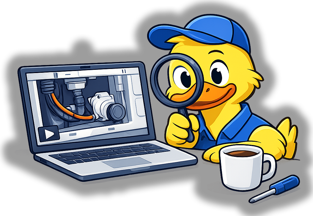 A duck looking at a laptop with a photo of an appliance part.